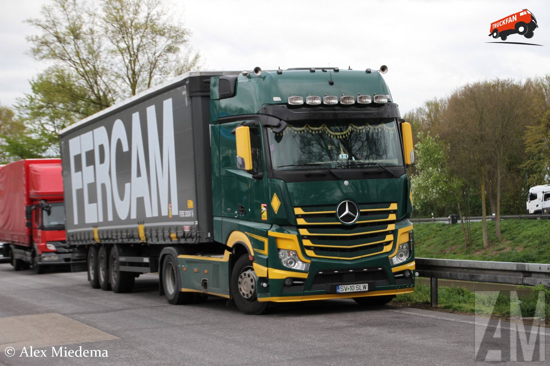 Mercedes-Benz Actros truck with Fercam Kögel trailer near rest stop