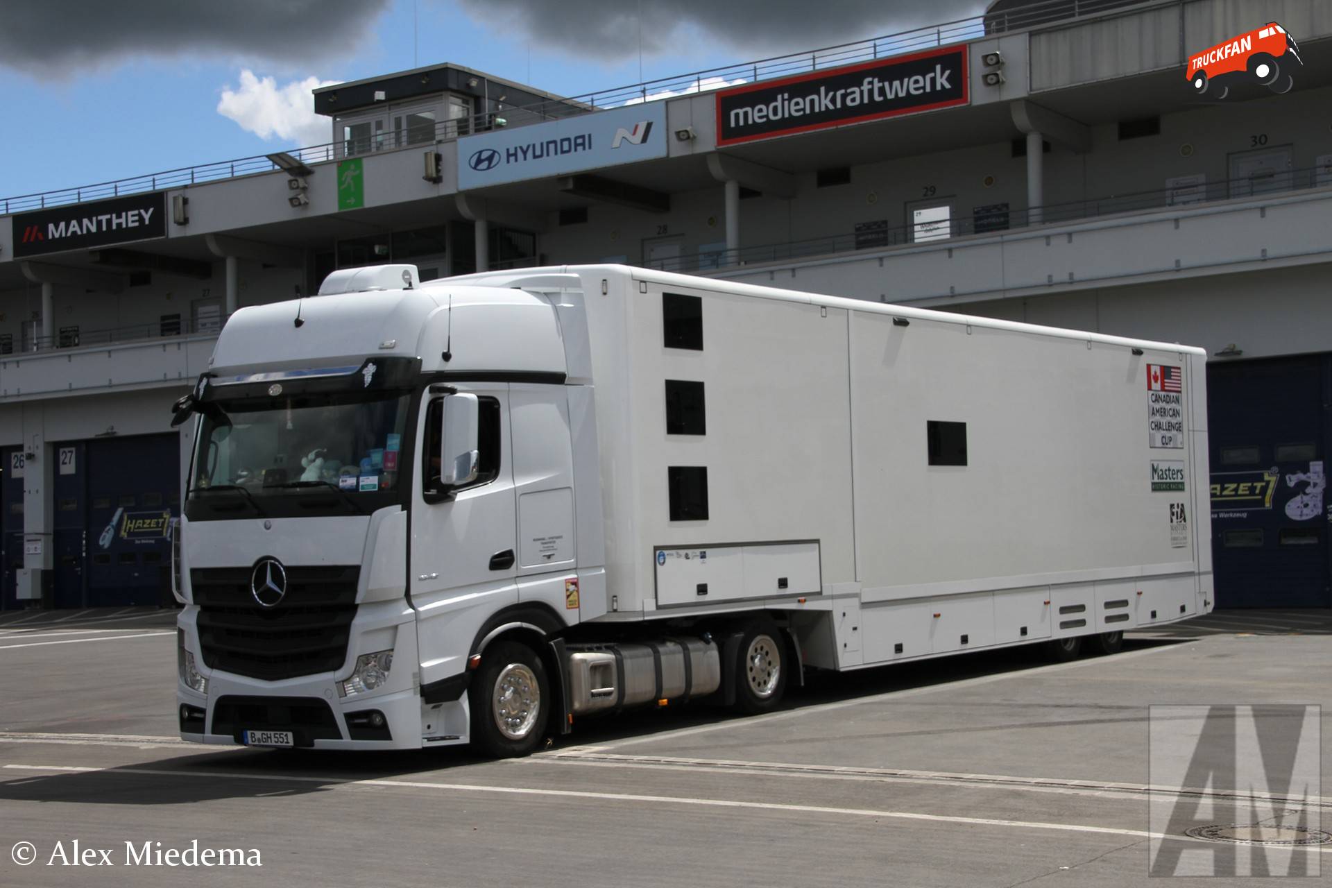 Mercedes-Benz Actros MP4 racetransporter in Nürburgring paddock