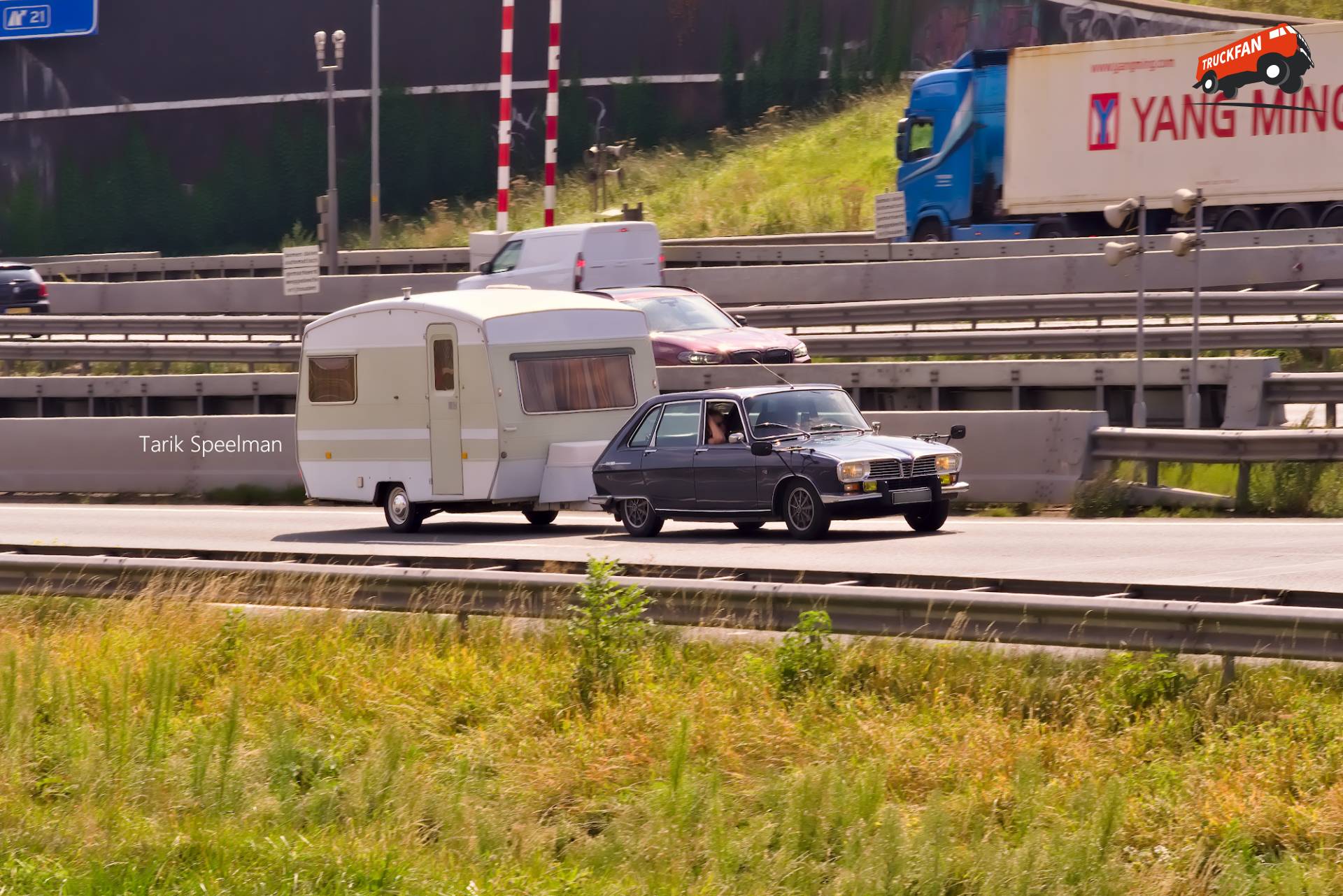 Renault R16 TS car with caravan on the A16