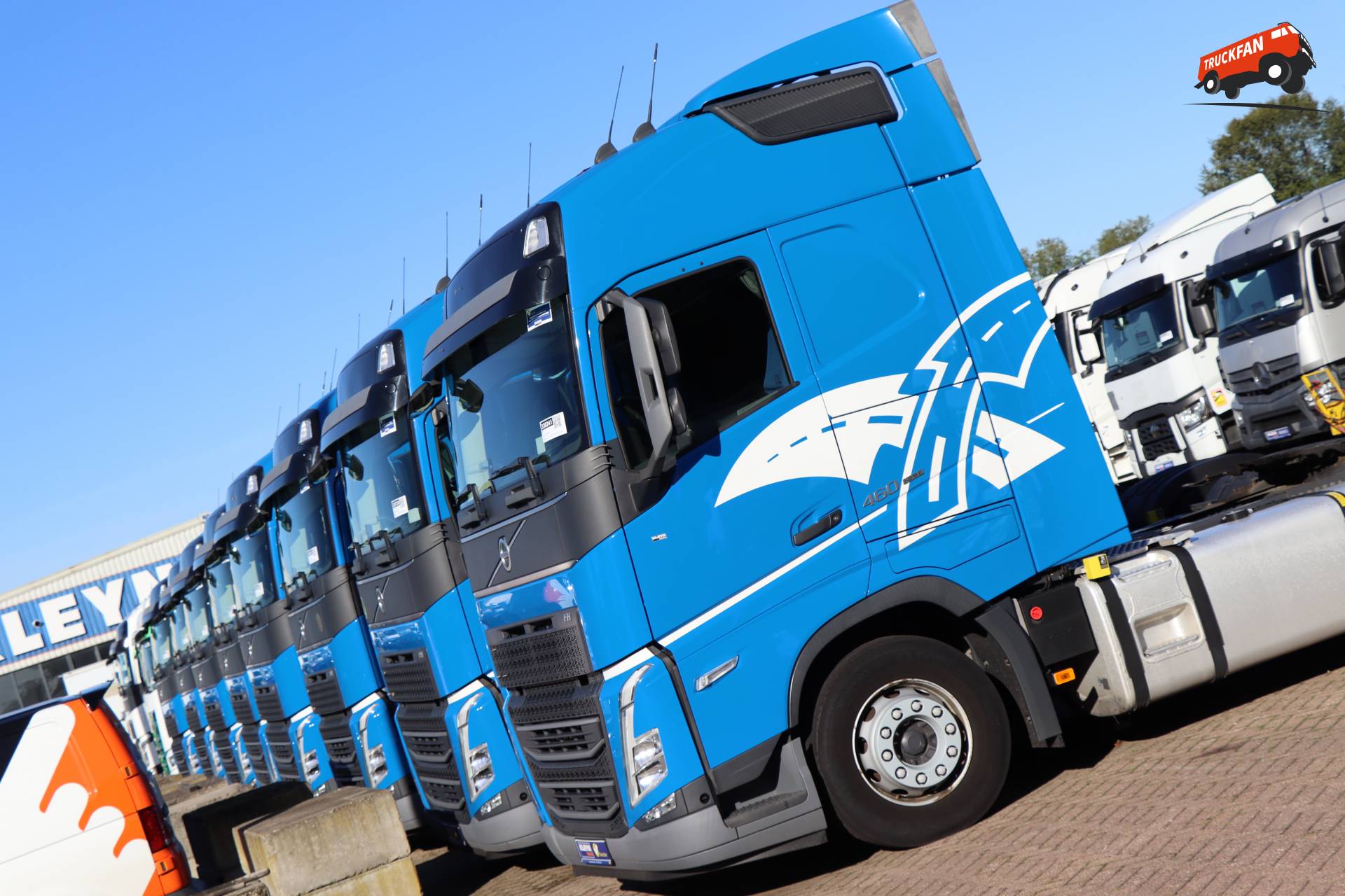 Rijtje Volvo FH's bij Kleyn Trucks