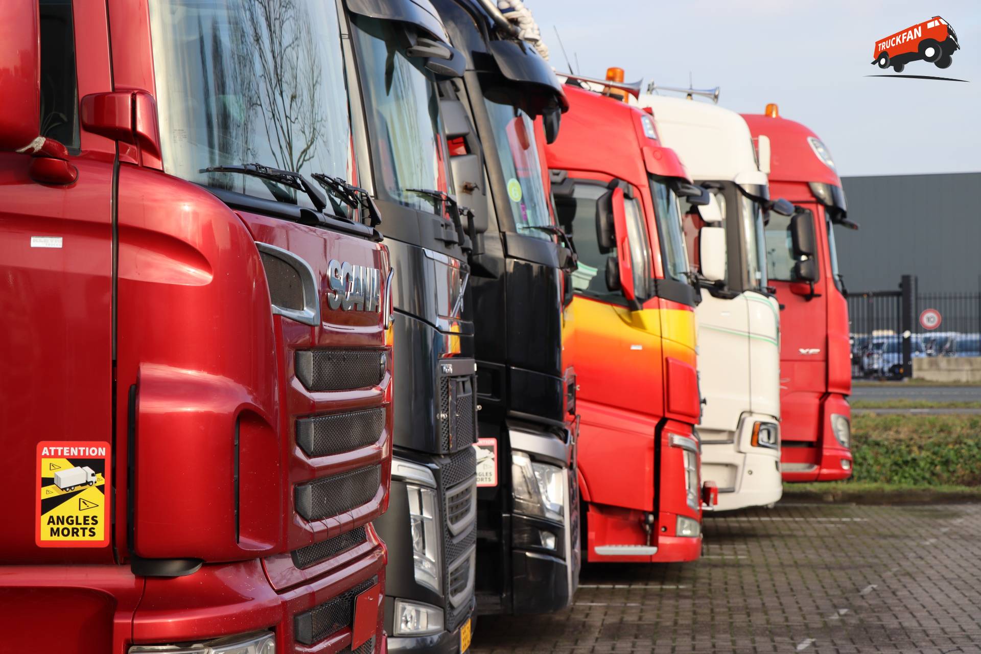 Kleurrijke rij trucks in de voorraad bij Kleyn Trucks in Vuren